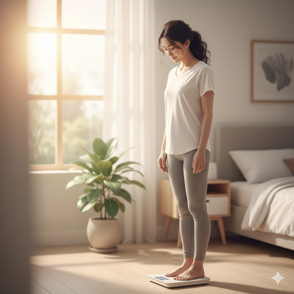 For BMI, woman measuring her weight in her bright sunny room