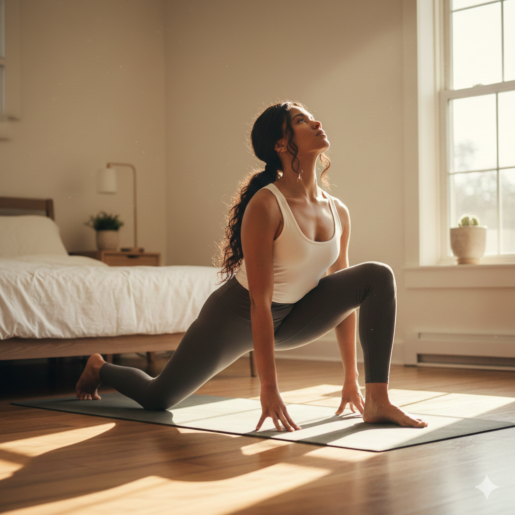 healthy woman stretching in her room with warm sunlight
