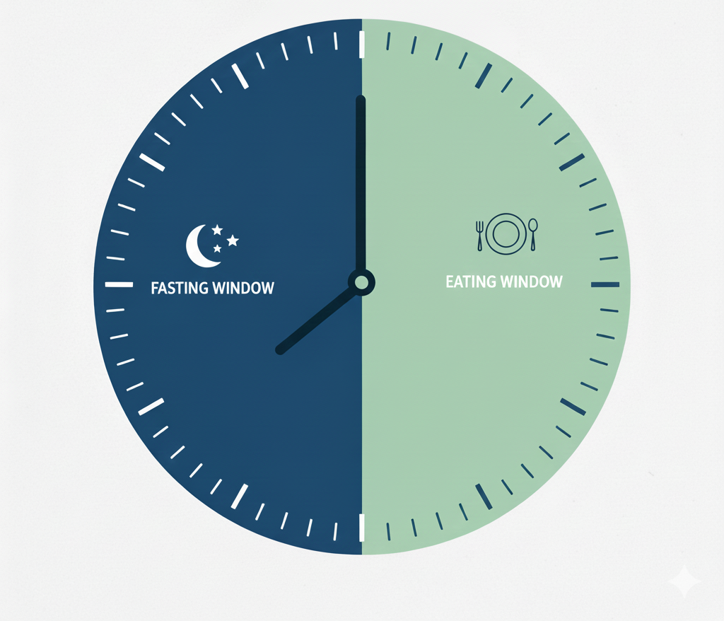 clock image with morning and night 16:8 showing fasting and eating time